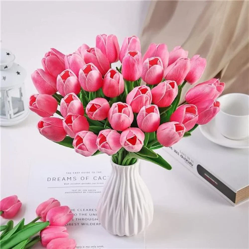 10 Pcs Tulips Artifical Flowers Real Touch Faux Tulip Stems Table Decor (Pink)